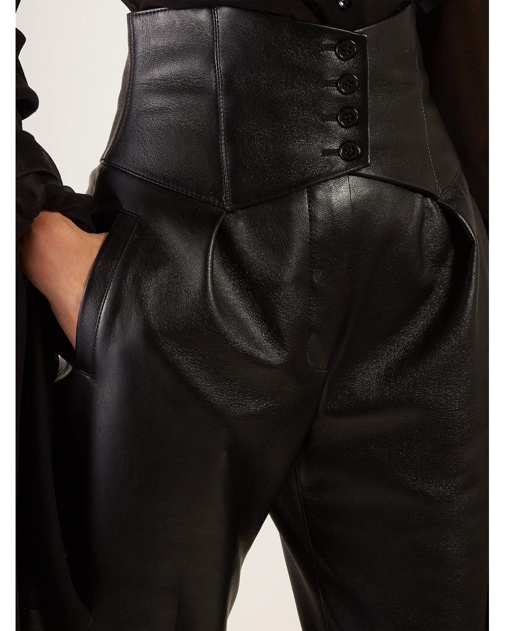 SAINT LAURENT Leather Black Lambskin Corset-waist Trousers Pants F 40 ladies