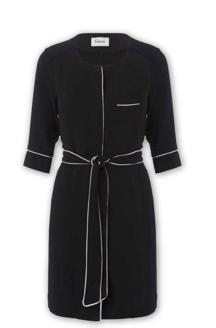GANNI Women's Black Belted Shirt Dress With Contrast Piping Dress S SMALL Ladies