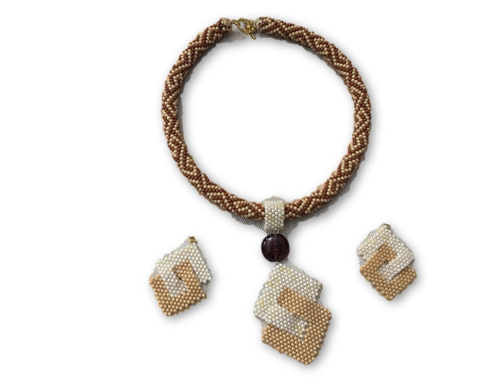 HANDMADE BEAD NECKLACE + EARRINGS SET JAPANESE STONES JEWELRY AMAZING Ladies