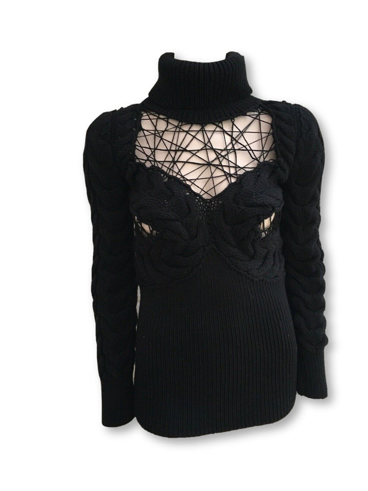ALEXANDER MCQUEEN GHOTIC MERINO WOOL CABLE HAND MADE KNIT TURTLENECK SWEATER S ladies
