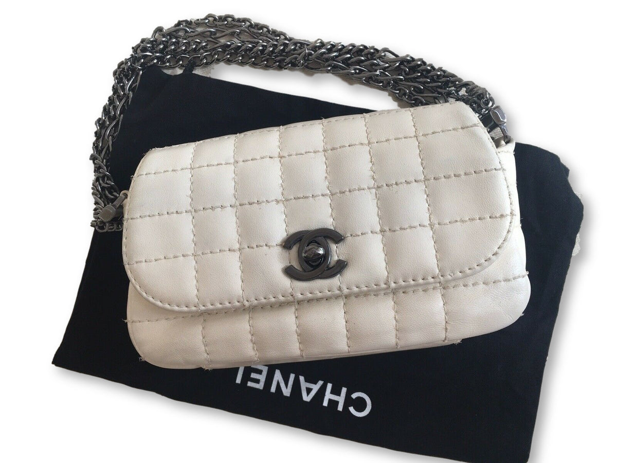 Chanel White Square Quilted Leather Mini Flap Handbag Multi Chain Bag Rare Ladies