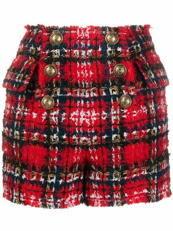 BALMAIN 2021 WOMAN RED PLAID TWEED SHORTS Size F 40 UK 12 L ladies