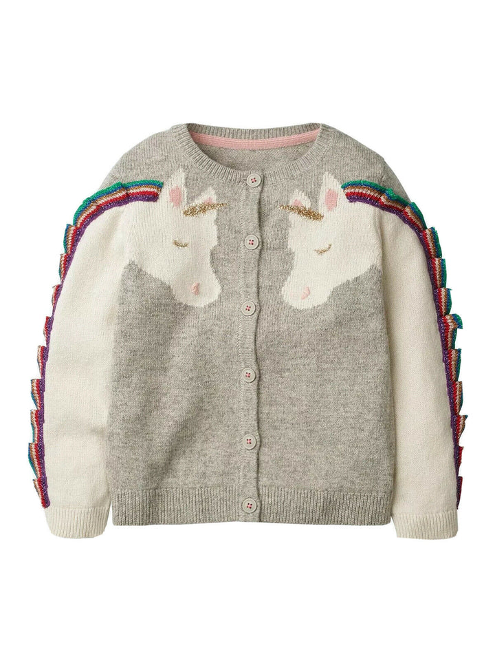 Mini Boden Girls' Fun Unicorn Cardigan Grey Wool Knit Size 5-6 years children