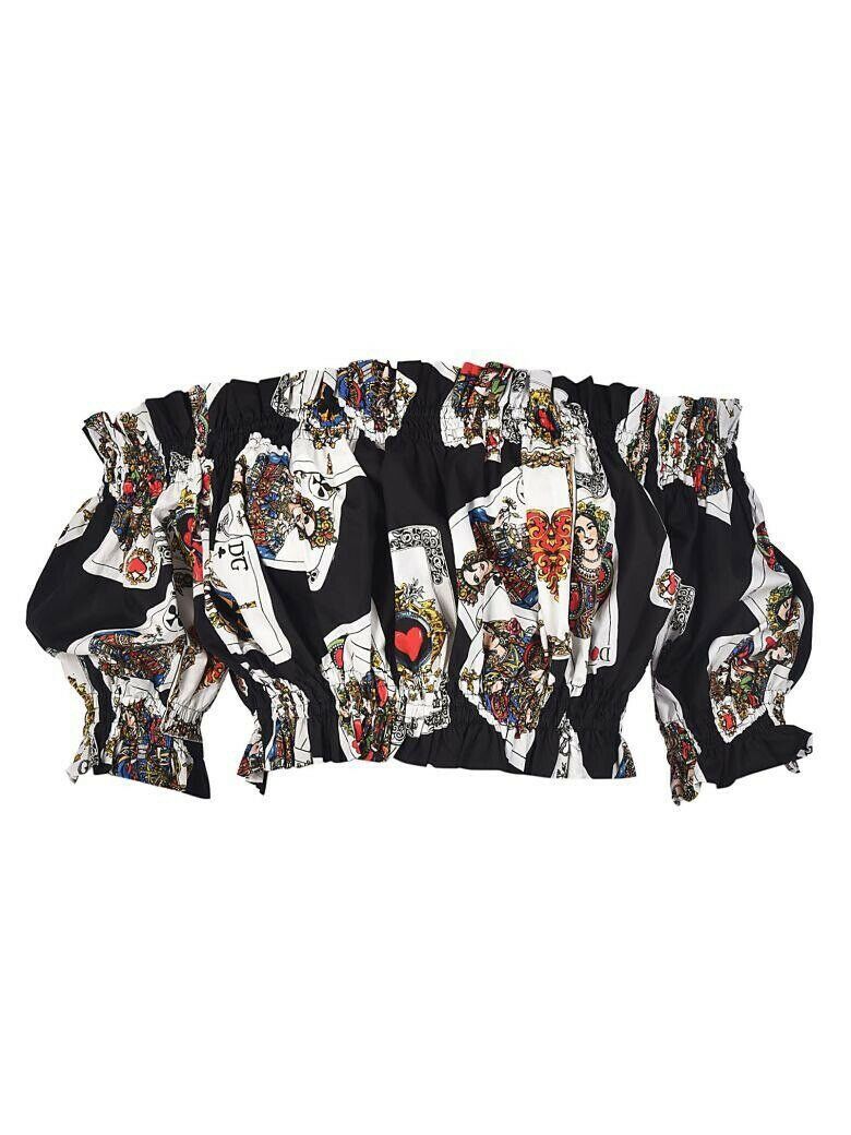 Dolce & Gabbana Black Playing Cards Off The Shoulder Crop Top I 42 UK 10 US 6 ladies