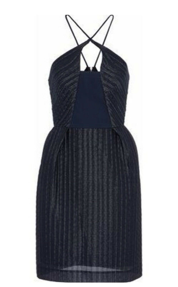 Roland Mouret RUNAWAY Pleated Gauze Halterneck Mini Dress Navy UK 6 US 2 XS ladies