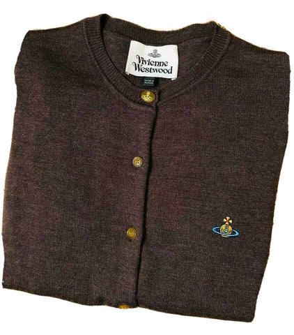 VIVIENNE WESTWOOD Brown Bea Knit Wool Embroidered Logo Cardigan SIZE S small ladies