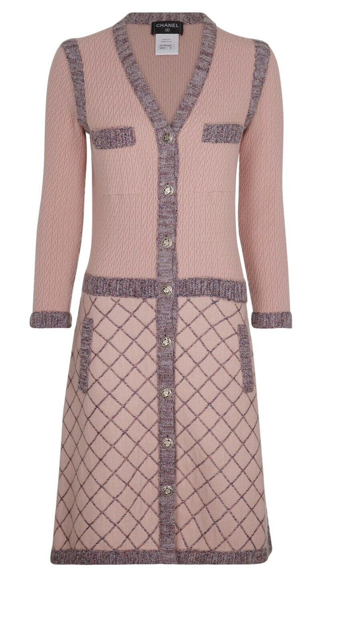 CHANEL RARE Coco Brasserie Tweed Pink Jacket DRESS Camellia buttons Size F 42 ladies