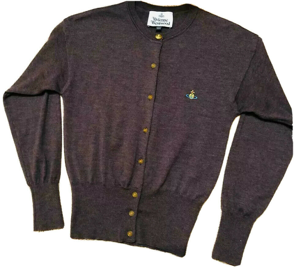 VIVIENNE WESTWOOD Brown Bea Knit Wool Embroidered Logo Cardigan SIZE S small ladies