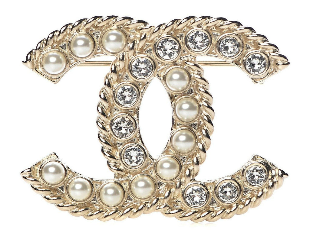 CHANEL Limited Edition 2020 Pearl Crystal CC XL Brooch Gold Pearly