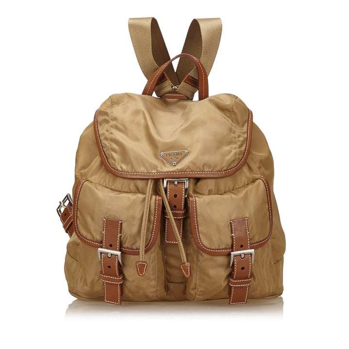 PRADA SMALL KHAKI TESSUTO & LEATHER TRIM BACKPACK HANDBAG BAG LADIES