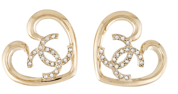 CHANEL 2023 Crystals CC Large Heart Stud Earrings 19.5 grams ladies