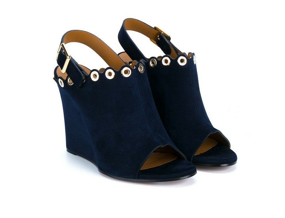 CHLOÉ CHLOE RUNAWAY NAVY SUEDE EYELET WEDGES SANDALS 38 1/2 UK 5.5 US 8.5 ladies