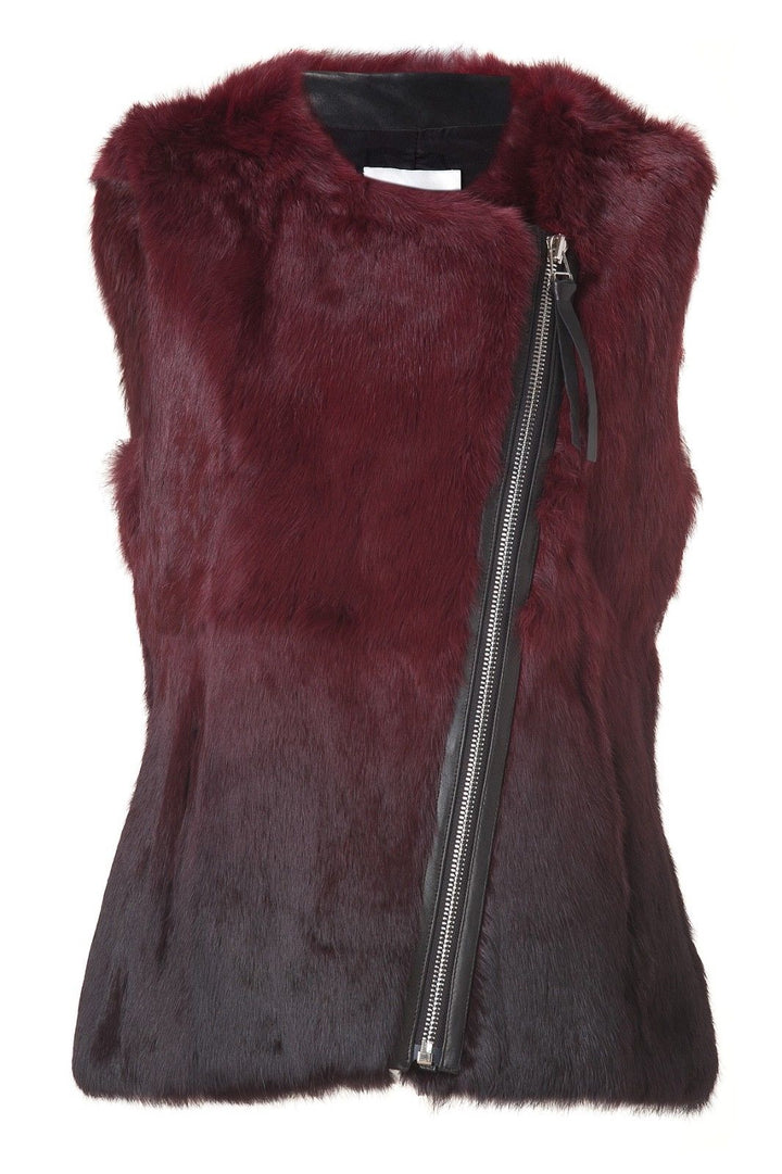 Sandro Women's Red Amaranth Rabbit Fur Vest with Leather Trim Size 1 S Small Ladies