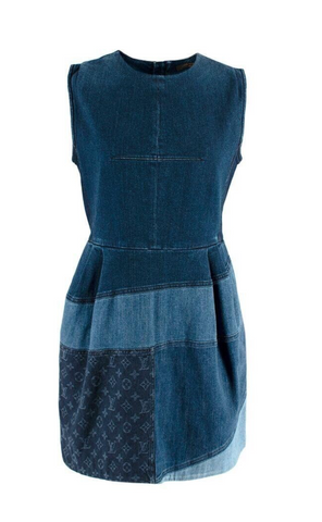 $3000 Louis Vuitton Blue Denim Patchwork Monogram Sleeveless Mini Dress F 40 L ladies