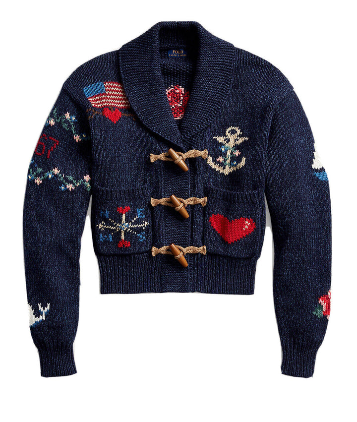 Polo Ralph Lauren Intarsia Knit Graphic Logo Cardigan Toggle Sweater Sz S small ladies