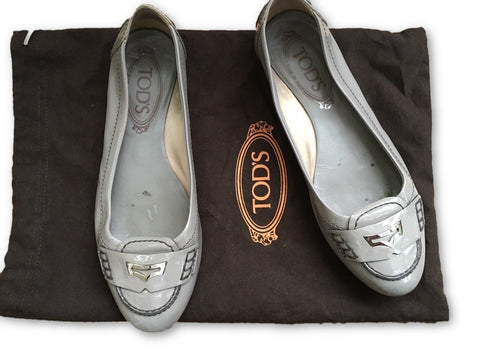 TOD'S Patent Leather Grey Flats Driving Shoes 36 1/2 UK 3.5 US 6.5 Ladies