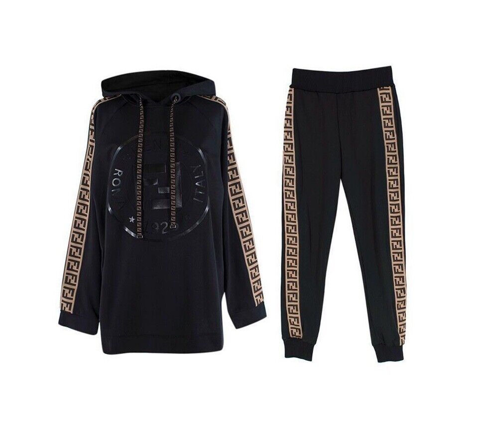 FENDI Ff Black cotton logo tape hoodie & joggers Set Tracksuit Size S small ladies