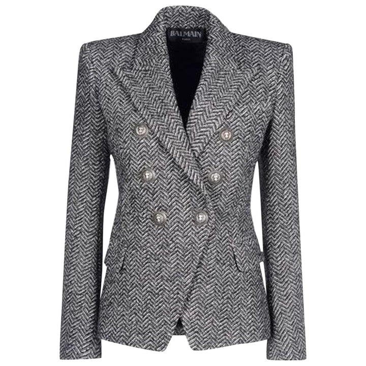 SOLD OUT Balmain HERRINGBONE wool blend SIGNATURE DOUBLE BREASTED Blazer Jacket ladies
