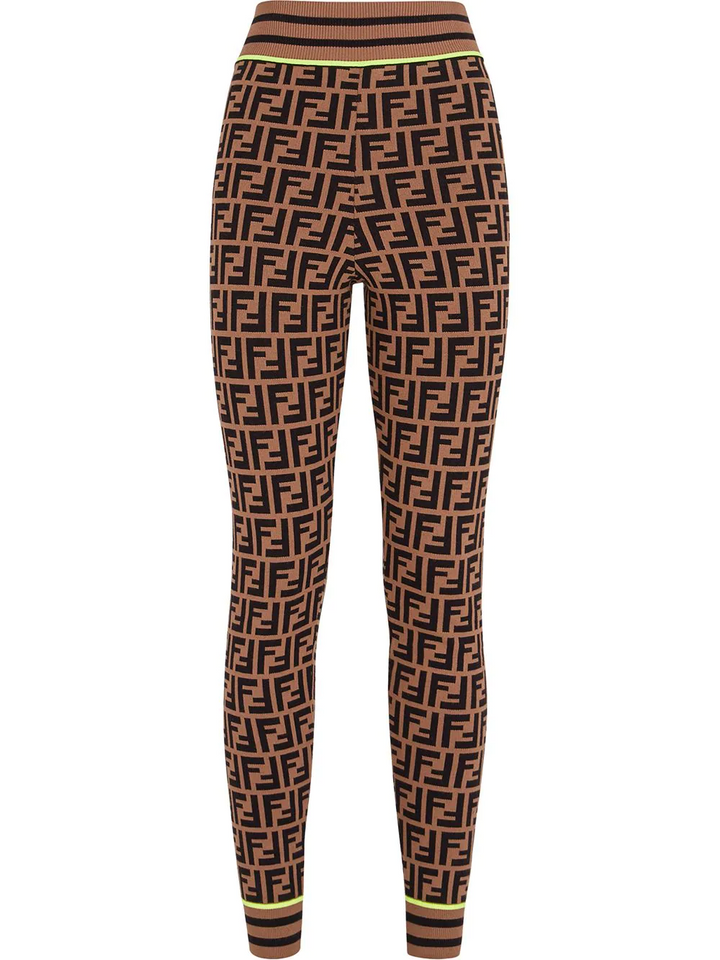 FENDI Black & brown FF Zucca Logo Knit Leggings Joggers Pants In Brown I 38 XS ladies