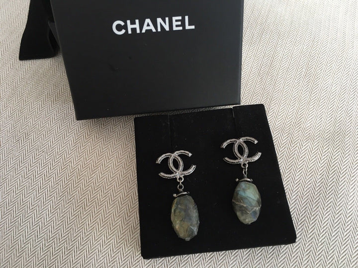 CHANEL LOGO 14A 2014 REAL STONE MARBLE LARGE DROP EARRINGS JUST AMAZING ladies