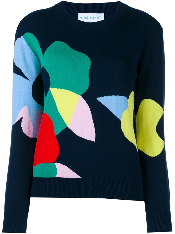 Mira Mikati Women's Blue Floral Intarsia Sweater Jumper 38 US 6 Ladies