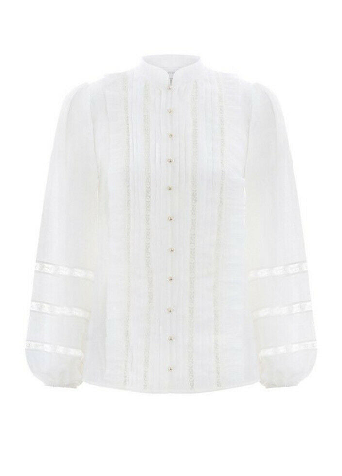 ZIMMERMANN MOST WANTED Whitewave Pin tuck lace-paneled silk Blouse SIZE 0 XS ladies