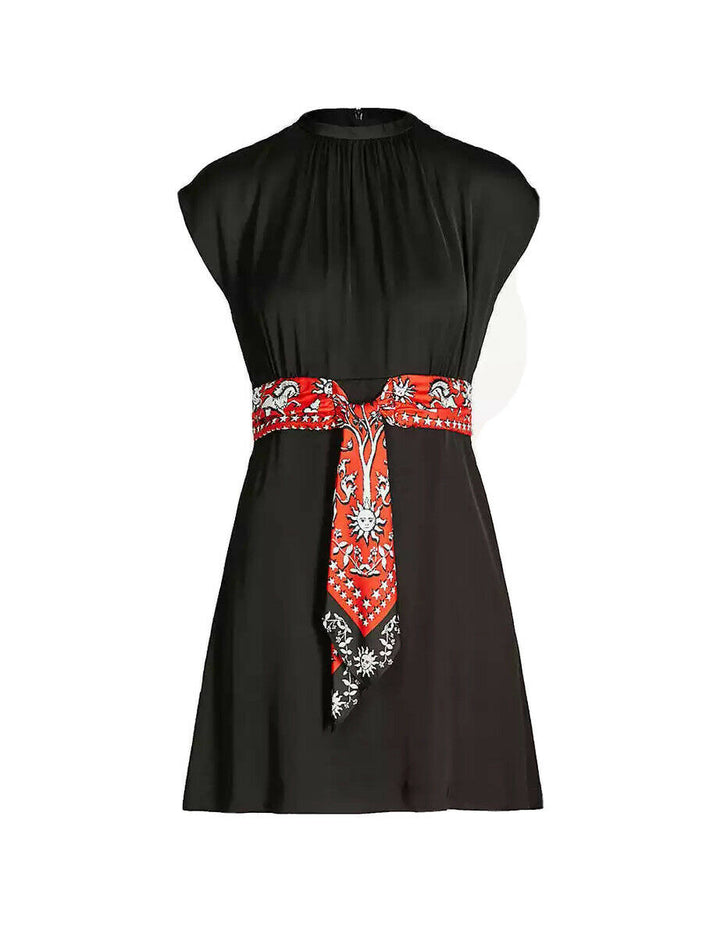SANDRO Paris 2020 Black Contrast waist-tie satin dress Size M Medium ladies
