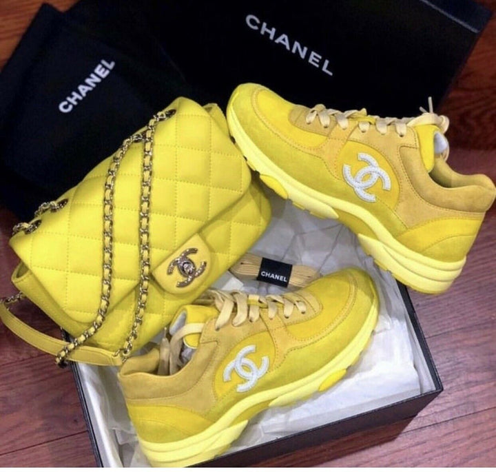 CHANEL Yellow Suede Trainers Sneakers SIZE 37 1/2 UK 4.5 US 7.5 SOLD OUT ladies