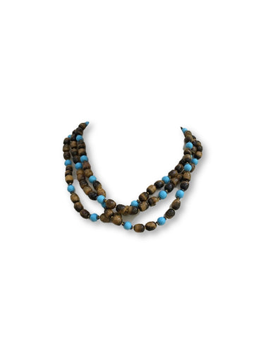925 Sterling Silver Tiger's Eye & Turquoise Bead Triple Chain Necklace 129g Ladies