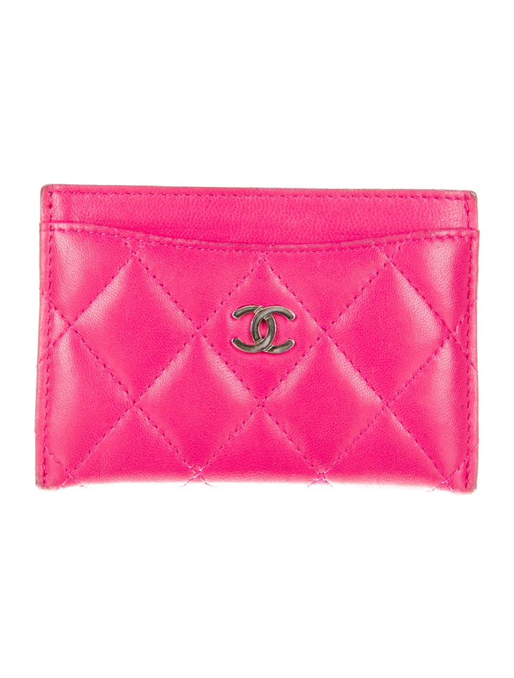 CHANEL Lambskin Quilted 2021 Neon Pink CC Logo Card Holder Wallet ladies