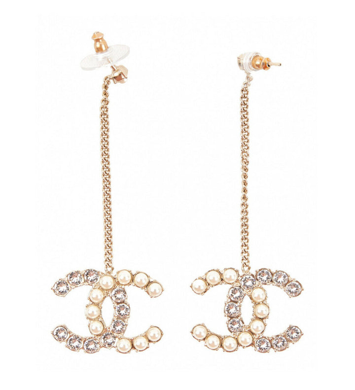 CHANEL 2020 Crystals & Pearls Large CC Drop Earrings ladies