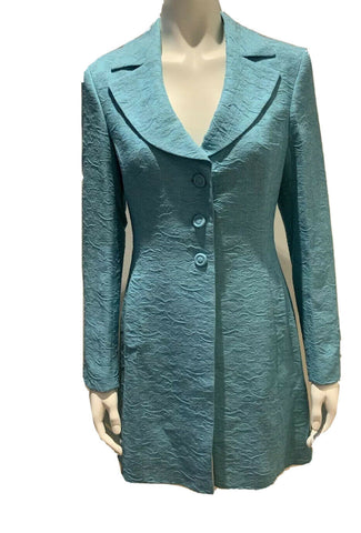 KAREN MILLEN '90s Vintage Blue Jacquard Long Coat Size UK 12 ladies