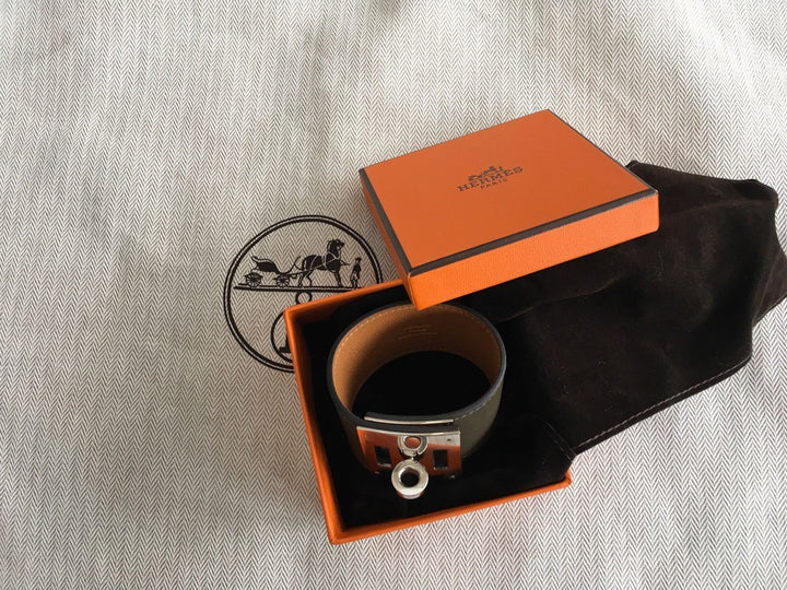 Hermes Hermès Kelly Dog Leather Cuff Bracelet Palladium Ladies