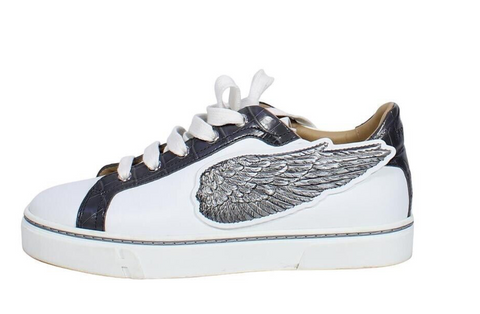 HERMÈS Calfskin Epsom Womens Velvet Sneakers 37 White Grey Crocodile Trim Shoes ladies