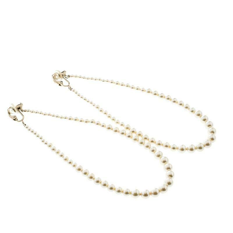 Chanel Faux Pearl Cc Logo Hoops Drop Dangling Classic Earrings LADIES