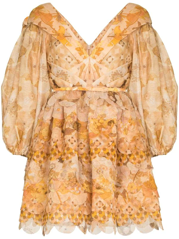 ZIMMERMANN 2022 GOLD MIXED PRINT TEMPO SCALLOPED MINI DRESS - SIZE 1 (RRP $1750) ladies