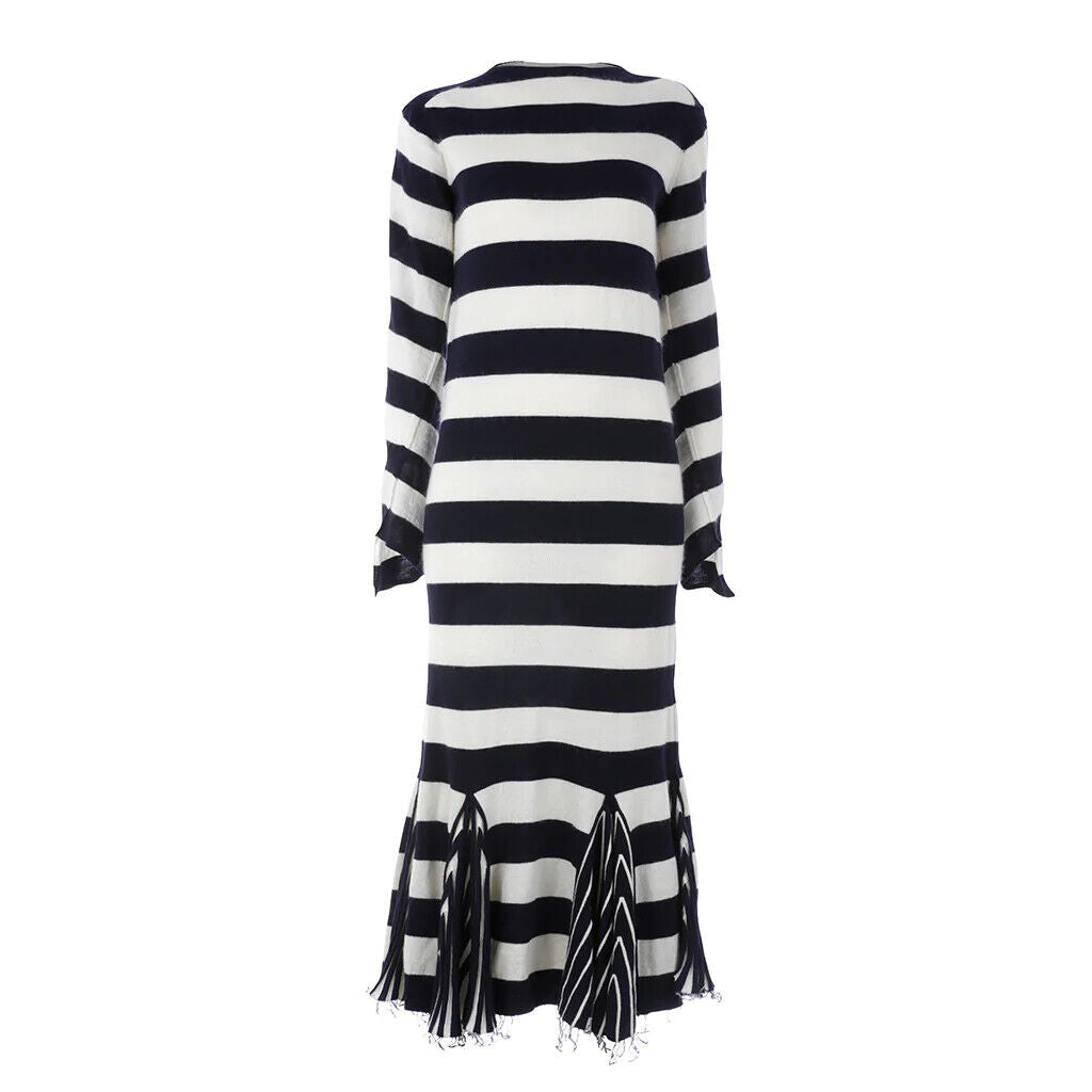 CELINE PHOEBE PHILO CREW NECK NAVY & WHITE INTARSIA STRIPED WOOL DRESS SIZE L large