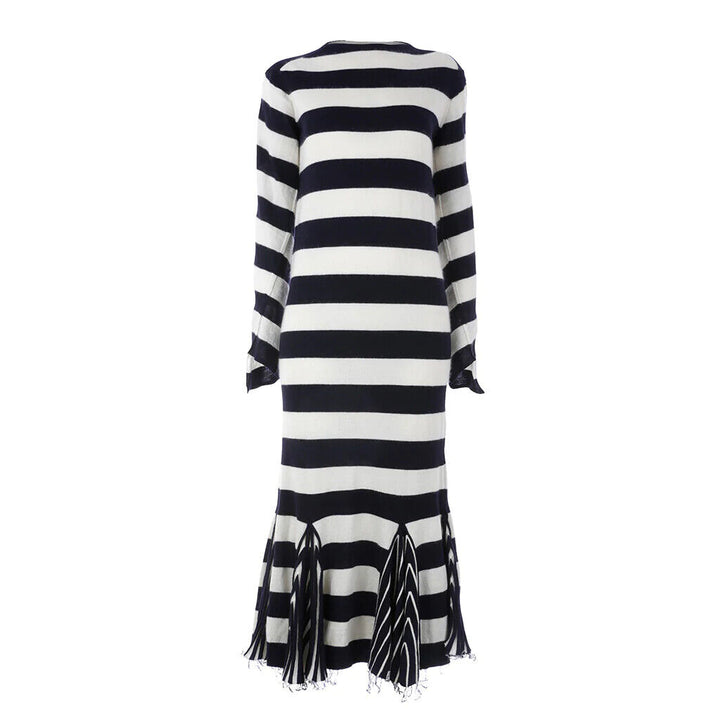 CELINE PHOEBE PHILO CREW NECK NAVY & WHITE INTARSIA STRIPED WOOL DRESS SIZE L large