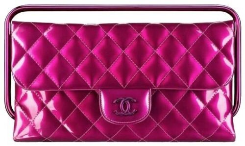 CHANEL Metallic Patent Calfskin Quilted Metal Handle Hot Pink Clutch Bag LIMITED ladies