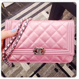 CHANEL Metallic Pink Quilted Patent Leather Boy Flap Bag WOC Wallet on Chain ladies