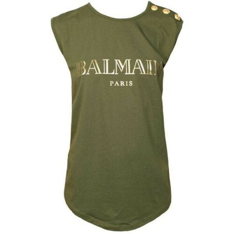 Balmain Logo Cotton green khaki sleeveless logo print cotton t-shirt Size F 40 L ladies