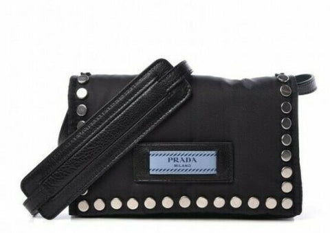 PRADA 2019 Nylon Tessuto Studded Mini Etiquette Bag Black Astrale Handbag ladies