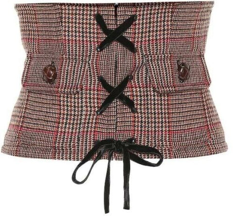 MIU MIU 2020 Velvet and leather-trimmed Princ Checked wool corset belt Ladies