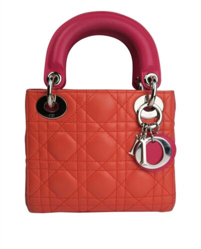 Christian Dior Lambskin Cannage Mini Bi-Color Lady Dior Orange Fuchsia Bag ladies