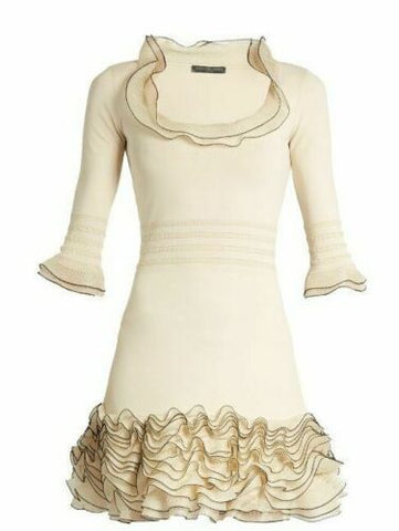 ALEXANDER MCQUEEN Frilled Ivory stretch knit ruffle dress Size XS ladies