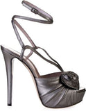 Versace Metallic Leather Sandals with Rose Detail in Gray Shoes Ladies