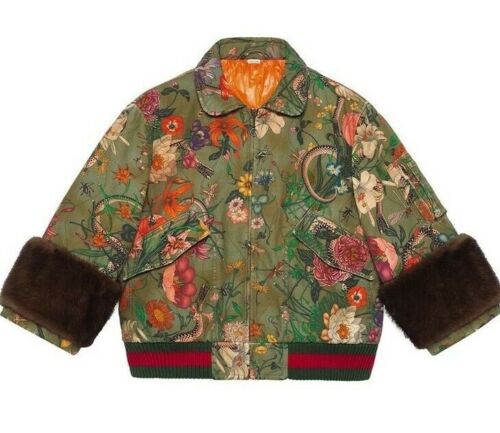 GUCCI Flora Snake Vintage Look Bomber With Mink Fur Trim Jacket I 38 UK 6 US 2 ladies
