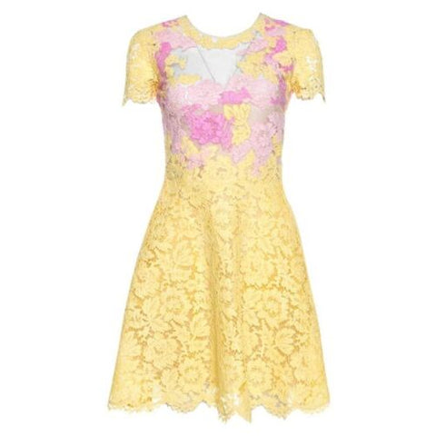 Valentino SO ELEGANT Yellow & Pink Lace Tulle Scalloped Hem Dress I 42 UK 10 US6 ladies
