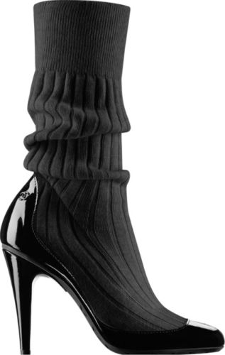 CHANEL BLACK PATENT LEATHER ROUND-TOE SOCK MID-CALF BOOTS SHOES LADIES