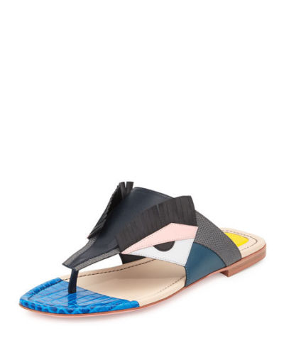 Fendi Bugs Leather Crocodile Monster Sandal Slippers Multi/Blue Sz 37 UK 4 US 7 Ladies
